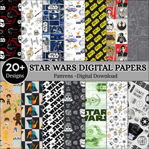 Könnte beinhalten: Eine Sammlung von über 20 digitalen Star Wars-Papieren mit verschiedenen Mustern, darunter Charakterillustrationen, Logos, Raumschiffe und geometrische Designs in Schwarz, Weiß, Gelb, Blau und Rot. Der Text lautet 20+ STAR WARS DIGITAL PAPERS.
