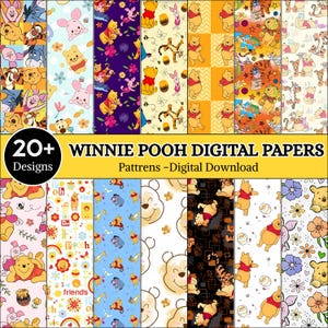 Puede incluir: Una colección de papeles digitales con personajes de Winnie the Pooh, incluyendo Piglet, Tigger y Eeyore en varios patrones. La imagen muestra más de 20 diseños con el texto 20+ WINNIE POOH DIGITAL PAPERS Patterns -Digital Download.