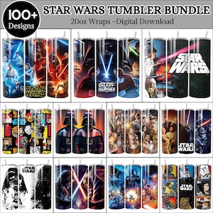 May include: A digital download bundle of 100+ Star Wars tumbler wraps for 20oz tumblers. The image displays various cylindrical designs featuring characters like Darth Vader, Luke Skywalker, and Princess Leia, along with lightsabers and the Star Wars logo.