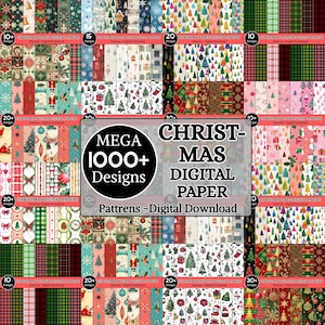 Op de afbeelding: Een verzameling digitale papiermotieven met kerstthema's zoals bomen, ruiten, retro-ontwerpen en feestelijke iconen. De centrale tekst luidt MEGA 1000+ Designs CHRISTMAS DIGITAL PAPER Patterns - Digital Download, met diverse sublabels.