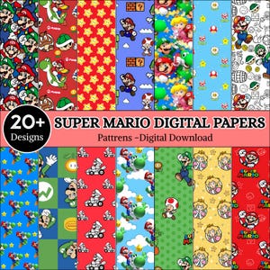 Może przedstawiać: Kolekcja cyfrowych papierów z postaciami z Super Mario, w tym Mario, Luigim, księżniczką Peach, Yoshim i Toadem, wraz z kultowymi elementami gry, takimi jak gwiazdki, monety i cegły, w różnych kolorowych, powtarzających się wzorach.