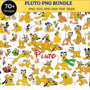May include: A digital collection of over 70 Pluto character illustrations in various poses, featuring the yellow dog with black ears and a green collar. The graphic includes the text Pluto PNG BUNDLE and PNG-SVG-EPS-DXF-PDF FILES at the top.