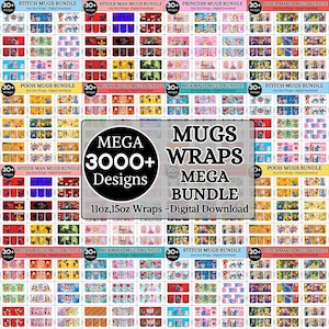 Puede incluir: Una colección de descarga digital de más de 3000 diseños de envolturas para tazas con varios personajes de dibujos animados y películas. El paquete incluye gráficos para tazas de 11oz y 15oz, organizados en conjuntos temáticos.
