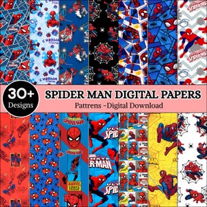 May include: A collection of 30+ digital paper designs featuring Spider-Man in various action poses, web patterns, and comic book style graphics. The patterns include red and blue color schemes, character masks, and text elements like Spider-Man.