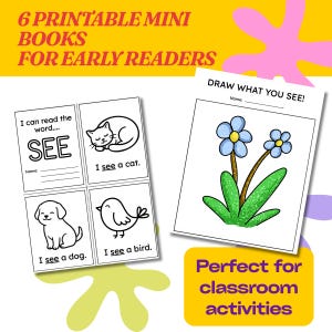 Puede incluir: Imagen de minilibros imprimibles para lectores principiantes. Los libros presentan ilustraciones de un gato, un perro y un pájaro, con el texto "Veo un gato", "Veo un perro" y "Veo un pájaro". También hay una actividad de dibujo.