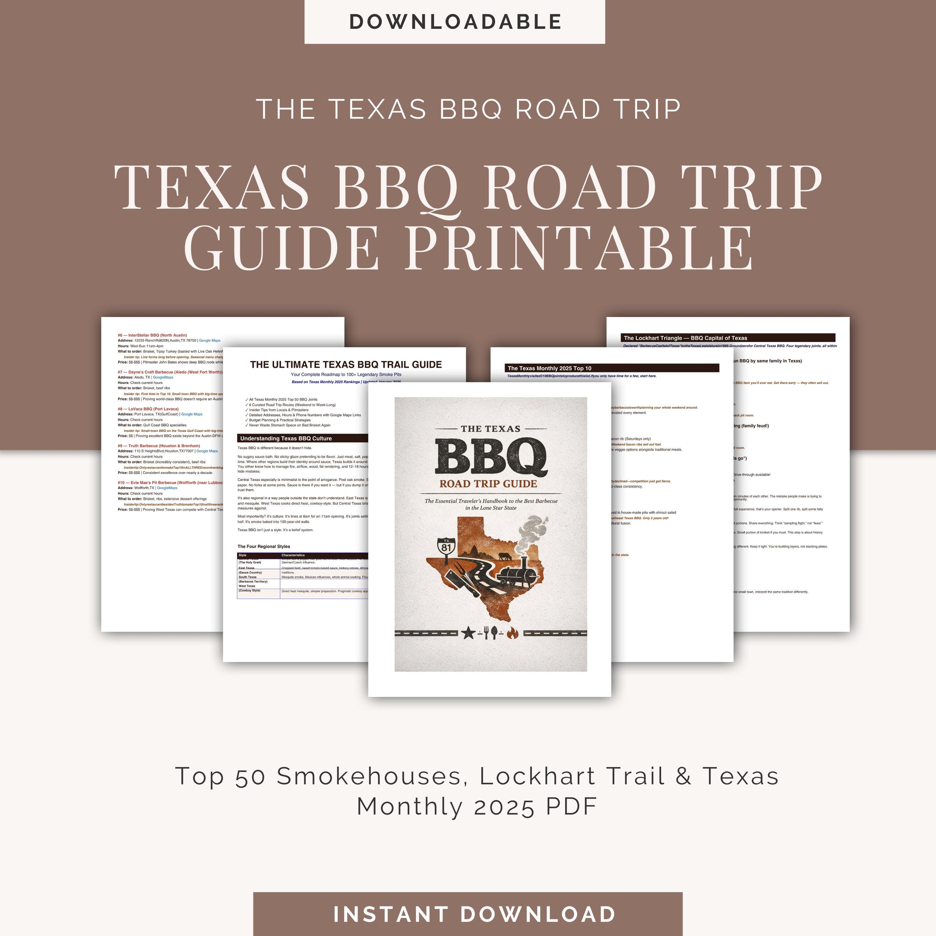 Texas BBQ Road Trip Guide Printable – Top 50 Smokehouses, Lockhart