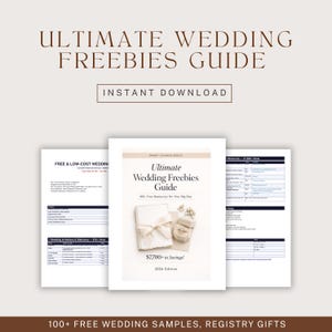 Może przedstawiać: Cyfrowy przewodnik zatytułowany "Ultimate Wedding Freebies Guide" z tekstem "Natychmiastowe pobieranie". Przewodnik zawiera okładkę z pudełkiem na pierścionek i kokardą oraz tekst "$7700+ oszczędności!" i "Edycja 2026."
