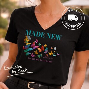 Made New Shirt Women Christian Tee 2 Corinthians 5 17 Bible Verse Top Butterfly Faith Gift For Her Scripture Apparel