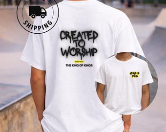 礼拝のために作られたユースシャツ クリスチャンキッズ イザヤ書43章21節 聖句Tシャツ 王の中の王 背面プリント 前面胸元ギフト 男の子 女の子 6歳～14歳