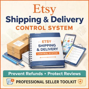 Könnte beinhalten: Ein Bild, das ein Etsy-Versand- und Lieferkontrollsystem bewirbt. Das Bild zeigt ein Notizbuch mit dem Text "Etsy Shipping & Delivery Control System", ein Smartphone, ein Klemmbrett und einen Versandkarton. Der Text "Prevent Refunds • Protect Reviews" ist ebenfalls sichtbar.