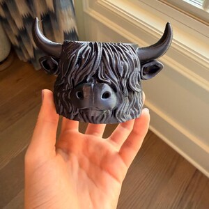 May include: A matte black planter shaped like the head of a Highland cow, featuring detailed sculpted fur texture, prominent curved horns, and a wide snout. The vessel has an open top for holding small plants or decorative items.
