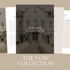 May include: A multi-page wedding planner document titled The Vow Collection, featuring a cover page with a white building and rows of chairs, alongside interior pages with text fields for ceremony details, dates, and wedding party information.