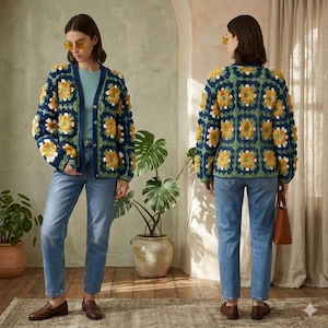 May include: A long-sleeve cardigan made of crocheted granny squares in navy blue, mustard yellow, and white, featuring a button-front closure. The garment is paired with light blue denim jeans, a light blue top, brown loafers, and yellow-tinted glasses.