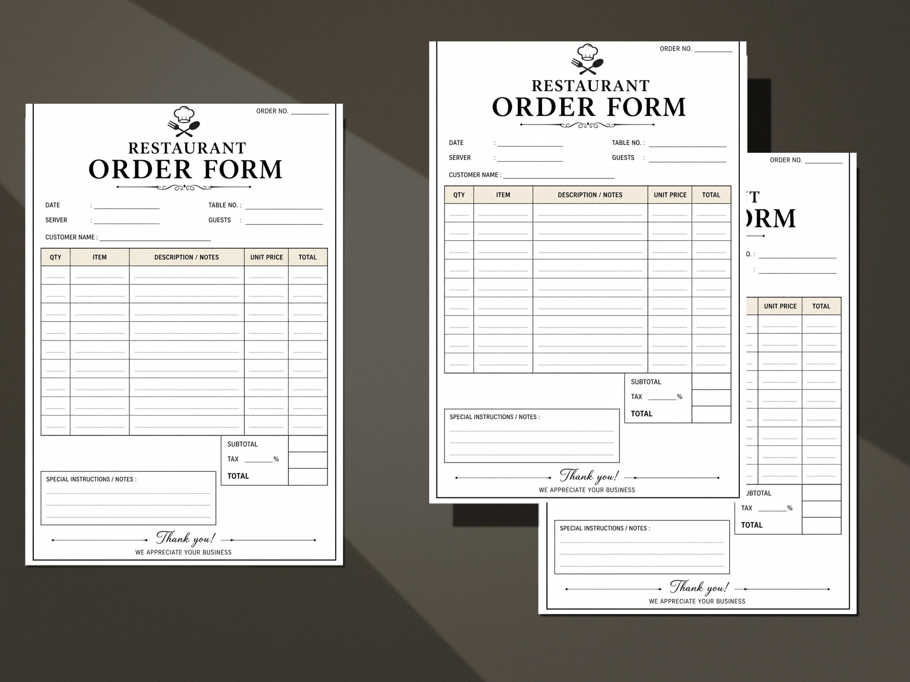 Restaurant Order Form Template for Food, Client Sample Payment Receipt ...