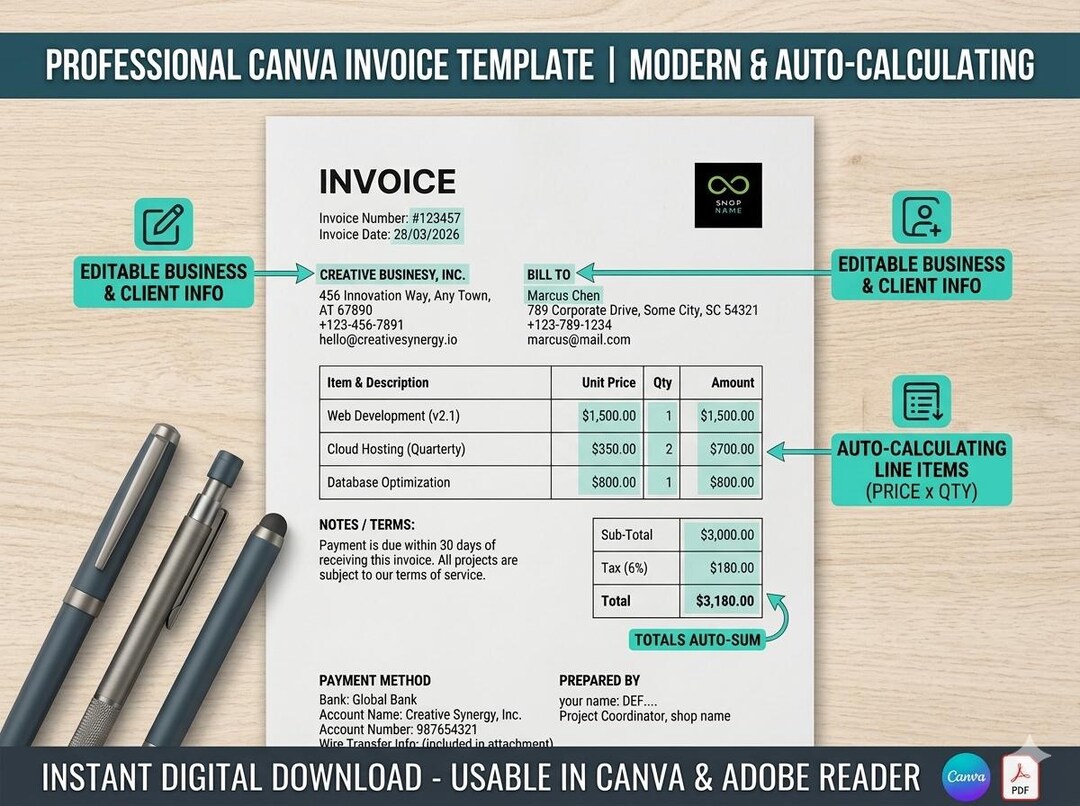 Minimalist Invoice Template, Small Business Billing Form, Client ...