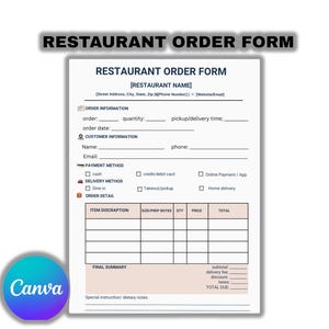 May include: A white restaurant order form template with black text and a light peach table section. The document includes fields for restaurant name, order information, customer details, payment and delivery methods, and a final summary section.