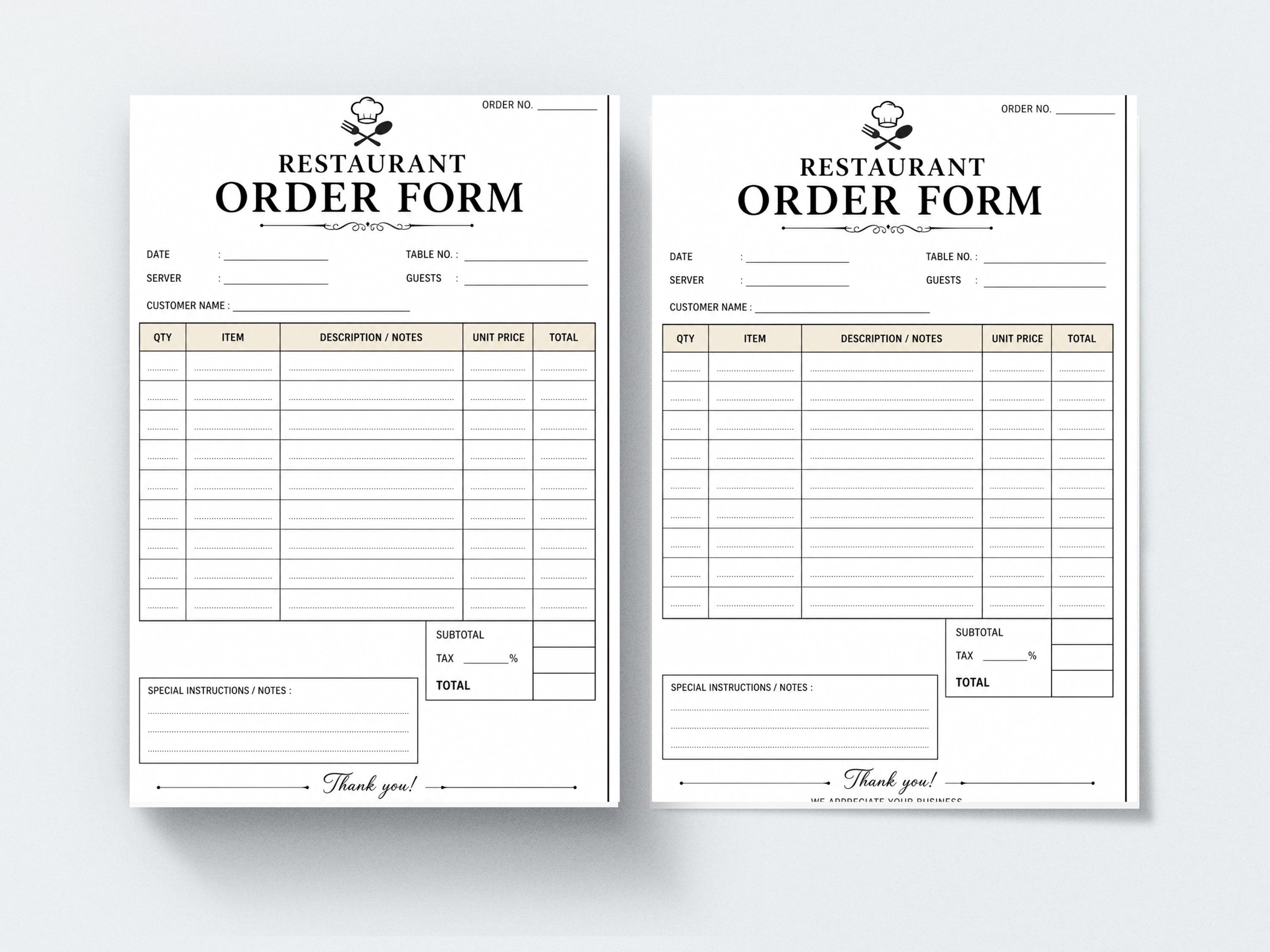 Restaurant Order Form Template for Food, Client Sample Payment Receipt ...