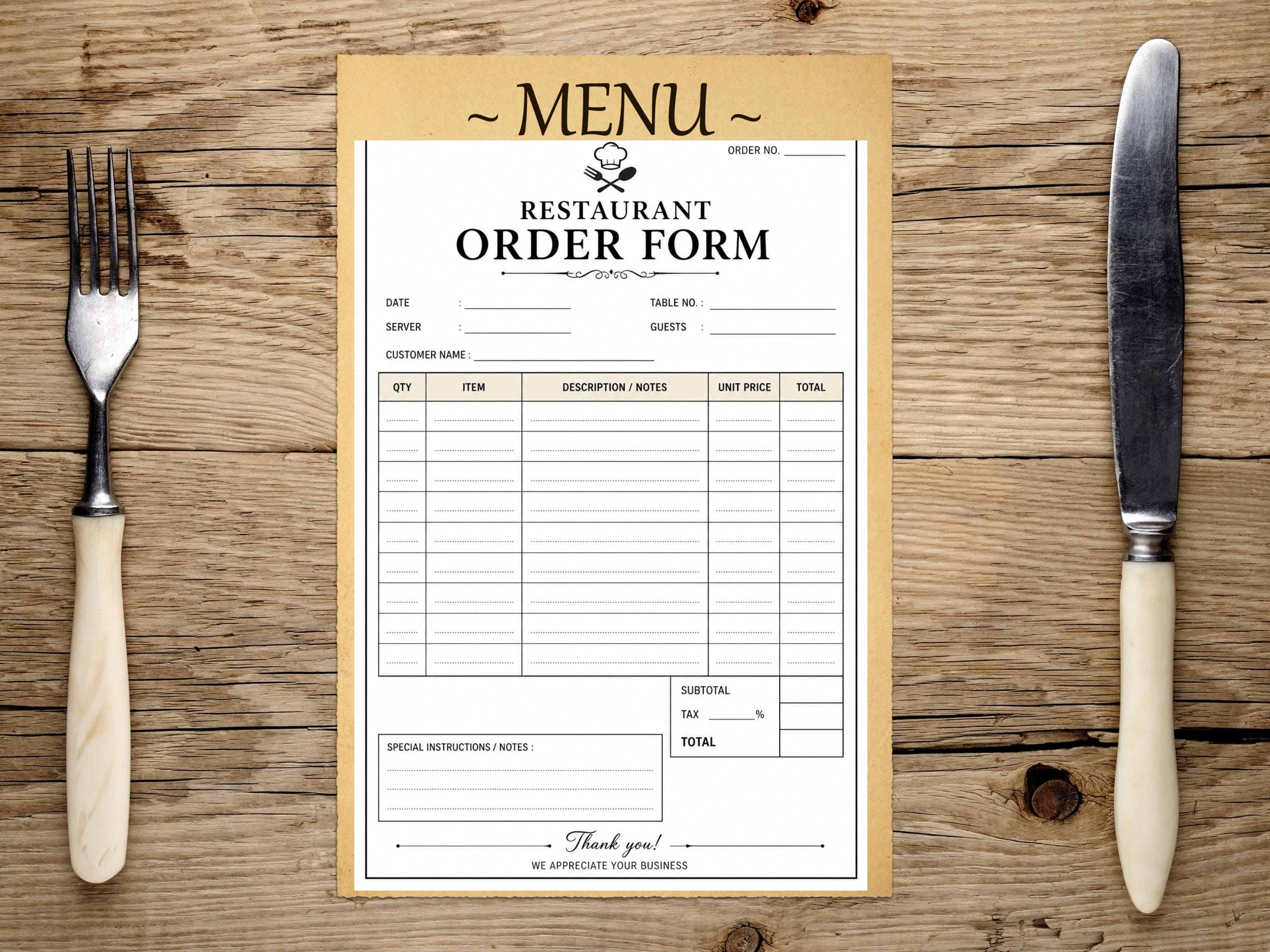 Restaurant Order Form Template for Food, Client Sample Payment Receipt ...