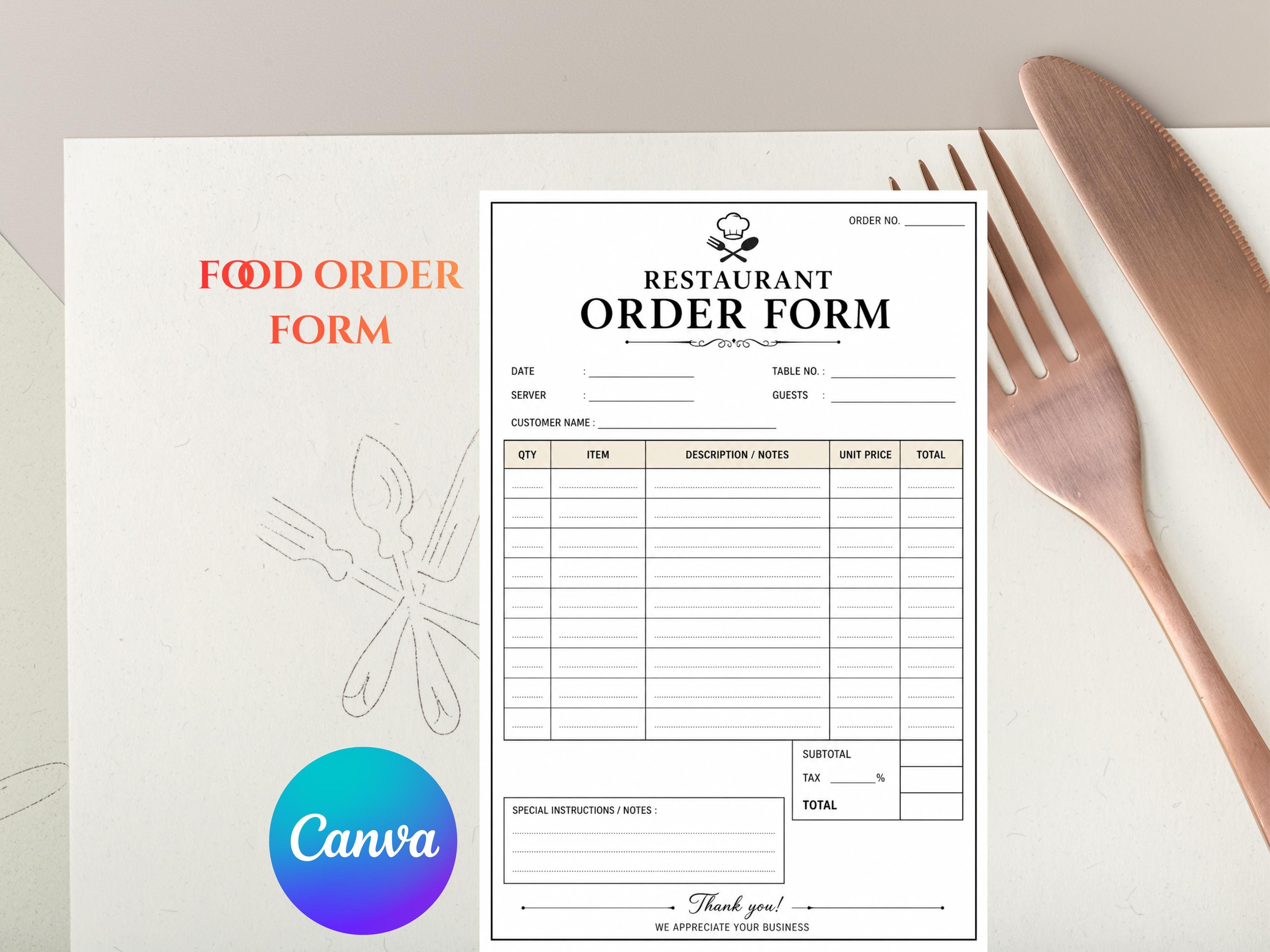 Restaurant Order Form Template for Food, Client Sample Payment Receipt ...