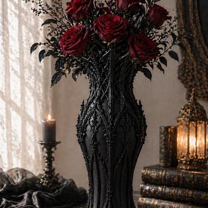 Könnte beinhalten: Eine hohe schwarze Vase mit detaillierten, erhabenen architektonischen Verzierungen, die an gotische Bögen und Türme erinnern. Die Vase ist mit einem Strauß aus dunkelroten Rosen und dunklem, strukturiertem Blattwerk gefüllt, was einen auffälligen Kontrast zwischen dem dunklen Gefäß und dem floralen Arrangement erzeugt.