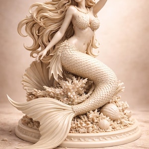 May include: A cream-colored mermaid statue with flowing hair and a seashell bra. The mermaid is seated on a base with coral and seashells. The sculpture has a detailed, textured design.