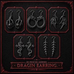 Gothic Dragon Earring STL Bundle | Ouroboros, Claw, Wing, Spine Designs (3D Printable)