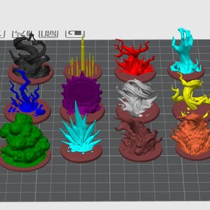 Pu&ograve; includere: Una collezione di miniature fantasy colorate, stampate in 3D. Il set include vari effetti elementali e creature nelle tonalit&agrave; di nero, blu, verde, rosso, giallo, viola, grigio e arancione. Ogni miniatura &egrave; montata su una base circolare.
