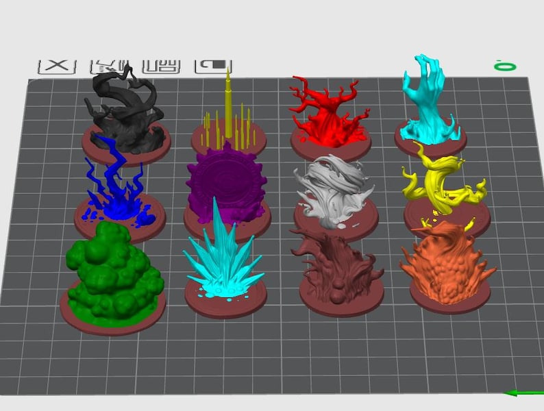 Pu&ograve; includere: Una collezione di miniature fantasy colorate, stampate in 3D. Il set include vari effetti elementali e creature nelle tonalit&agrave; di nero, blu, verde, rosso, giallo, viola, grigio e arancione. Ogni miniatura &egrave; montata su una base circolare.