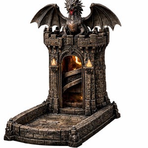 May include: A detailed, stone-textured dragon tower with a spiral staircase inside. A dragon statue with spread wings sits atop the tower. The tower has a rectangular base and is lit from within, creating a fantasy theme.