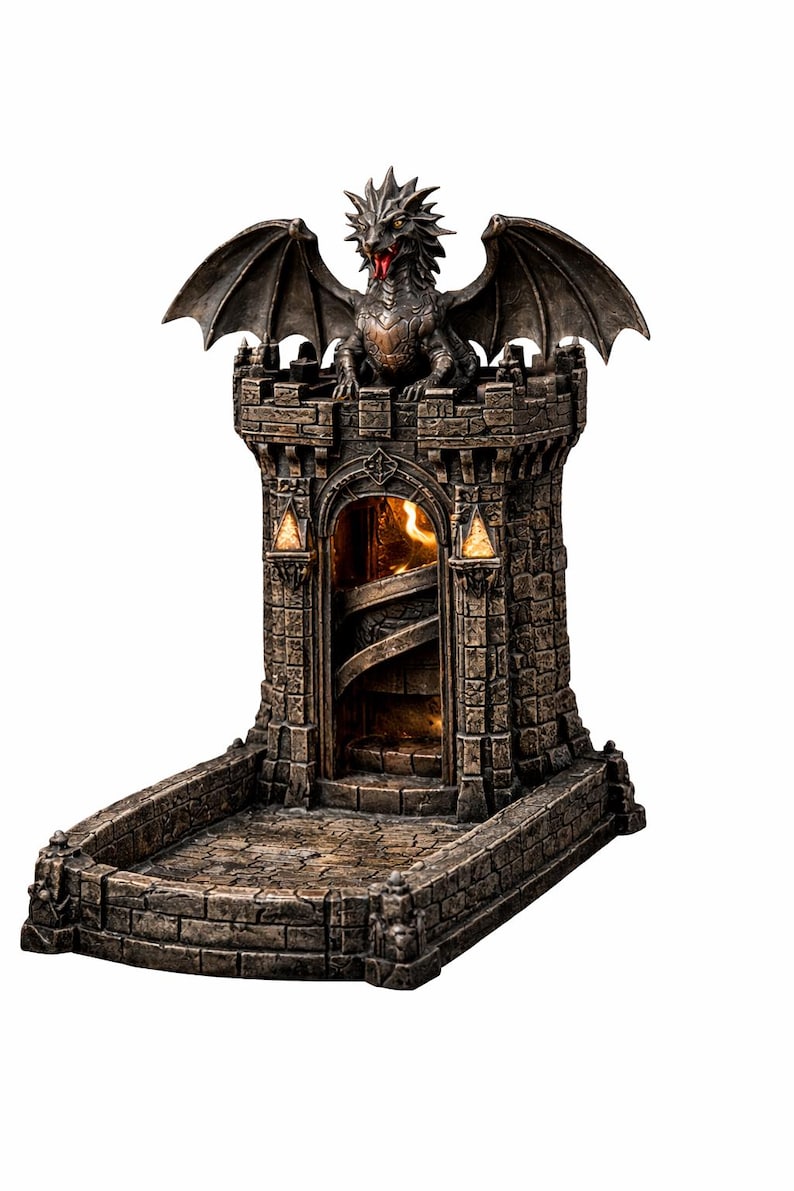 May include: A detailed, stone-textured dragon tower with a spiral staircase inside. A dragon statue with spread wings sits atop the tower. The tower has a rectangular base and is lit from within, creating a fantasy theme.