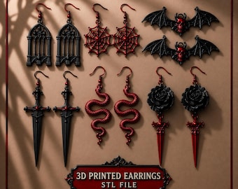 Gothic Earring STL Bundle, 3D Printable Halloween Bat Snake Sword Rose Spider Web Files