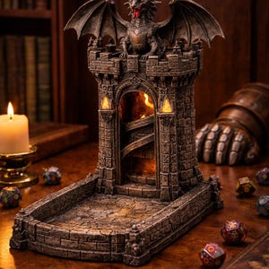 May include: A detailed stone dice tower, featuring a dragon sculpture on top. The tower has a spiral staircase visible through an arched opening, with a tray at the base. Several multi-sided dice are scattered around.