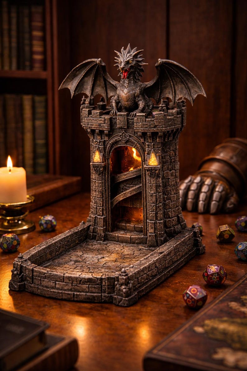 May include: A detailed stone dice tower, featuring a dragon sculpture on top. The tower has a spiral staircase visible through an arched opening, with a tray at the base. Several multi-sided dice are scattered around.