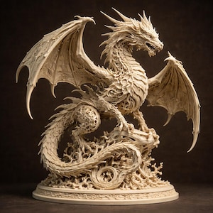 精巧なファンタジードラゴンのSTLファイル、象牙風の神話的彫刻、D&D装飾（デジタルダウンロード）