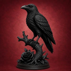 Puede incluir: Una escultura de cuervo negro posada sobre una rama de árbol texturizada. La base de la rama presenta una rosa negra individual con hojas detalladas. Toda la pieza es de color negro monocromático, mostrando texturas de plumas y corteza.