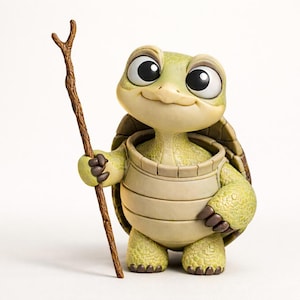 May include: A charming turtle figurine with big eyes and a friendly expression. The turtle, in shades of green and tan, holds a brown wooden staff. The figurine has a detailed shell and is set against a white backdrop.