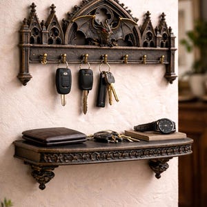 Puede incluir: Un llavero de pared con un diseño arquitectónico gótico en tono bronce oscuro con una figura de dragón central, múltiples ganchos de latón que sostienen varias llaves de coche y un estante rectangular a juego con una cartera y un reloj.