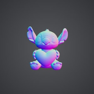 May include: A 3D-rendered figure of a cartoon character in shades of blue, purple, and pink. The character is holding a heart-shaped object. The figure has large ears and a friendly expression.