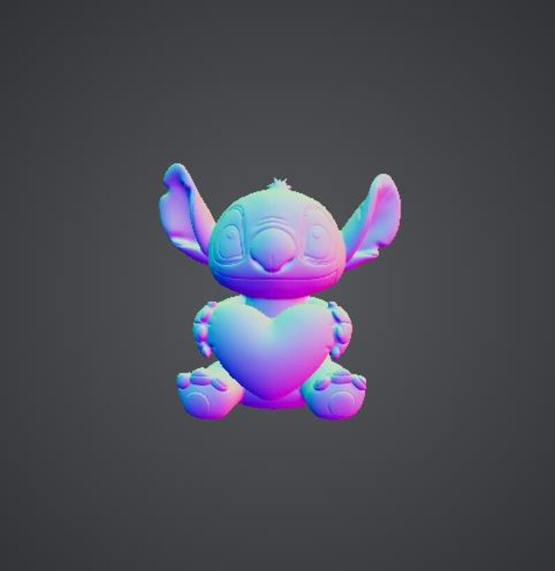 May include: A 3D-rendered figure of a cartoon character in shades of blue, purple, and pink. The character is holding a heart-shaped object. The figure has large ears and a friendly expression.