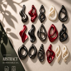 May include: A collection of abstract 3D printable STL pendants in black, red, and white. The pendants feature fluid, organic shapes. The image includes the word "ABSTRACT".