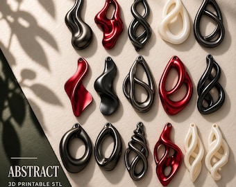 May include: A collection of fifteen abstract pendants in black, red, and white, featuring fluid, twisted, and organic shapes with loops for hanging. The text ABSTRACT 3D PRINTABLE STL is visible in the corner with icons for a file and a printer.