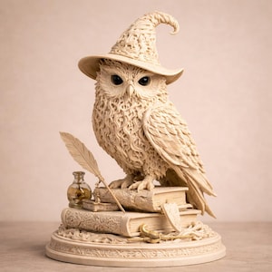 May include: A detailed cream-colored owl figurine wearing a witch's hat, perched atop stacked books. A quill, ink bottle, and decorative base complete the scene. The owl has large, dark eyes and intricate feather detailing.