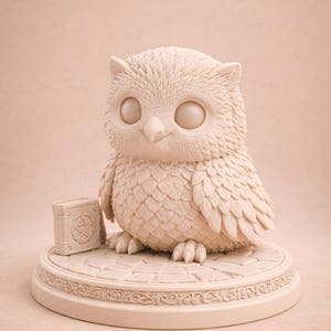 May include: A cream-colored owl figurine with large, round eyes and detailed feather textures. The owl sits on a circular base with a decorative border, next to a small book with a pentagram. The figurine is a decorative item.