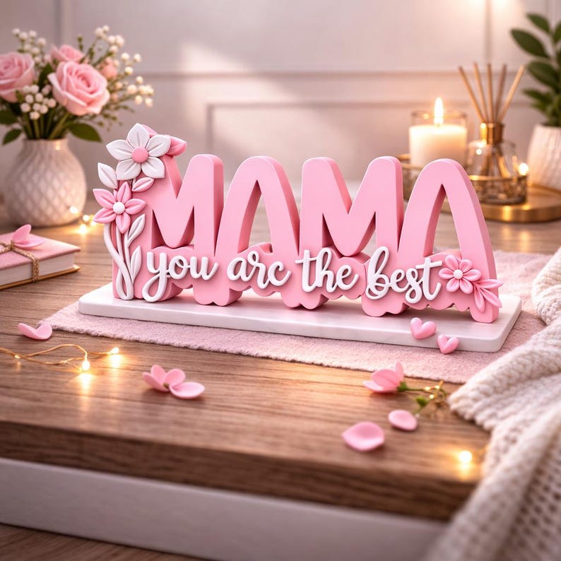 May include: A pink wooden sign that spells "MAMA" with the phrase "you are the best" in white script. The sign is decorated with flowers and sits on a white base. Pink flower petals and a vase of pink roses are also visible.