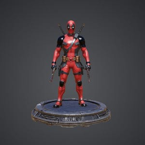 May include: A red and black Deadpool figure stands on a circular platform. The figure has two swords on its back and is holding two pistols. The figure is wearing a red and black suit with a mask. The platform is grey and has a metallic appearance.