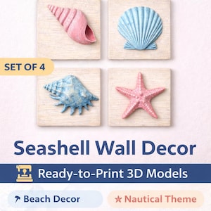 Peut inclure: Ensemble de quatre décorations murales en forme de coquillages. Comprend un coquillage rose, une coquille Saint-Jacques bleue, un coquillage bleu et une étoile de mer rose, montés sur des blocs de bois carrés. Le texte indique "Seashell Wall Decor".
