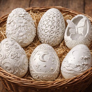 May include: Six white decorative Easter eggs with detailed designs, such as flowers, geometric patterns, and celestial themes. The eggs are arranged in a woven basket with straw, creating a rustic and elegant display.