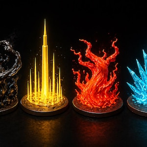 Pu&ograve; includere: Quattro sculture elementali: una forma scura e contorta; una guglia dorata con raggi radianti; una fiamma rossa infuocata; e una struttura cristallina blu. Ognuna poggia su una base circolare, su sfondo nero. Decorazioni a tema fantasy.