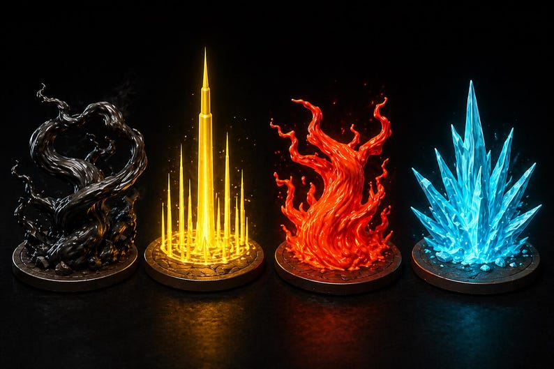 Pu&ograve; includere: Quattro sculture elementali: una forma scura e contorta; una guglia dorata con raggi radianti; una fiamma rossa infuocata; e una struttura cristallina blu. Ognuna poggia su una base circolare, su sfondo nero. Decorazioni a tema fantasy.