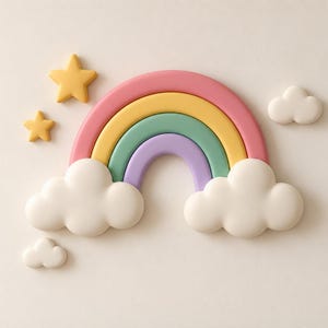 Op de afbeelding: Een decoratief wandornament met een veelkleurige regenboog met banden in roze, geel, groen en paars. De regenboog wordt geflankeerd door twee grote witte wolken aan de basis, twee gele sterren aan de linkerkant en twee kleine witte wolken.